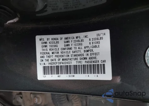 2015 Honda Accord Lx z USA, uszkodzony, nr VIN 1HGCR2F3XFA024021